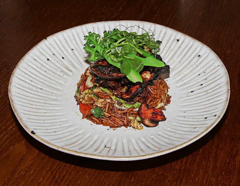Korean sticky mushrooms with kimchi greens
