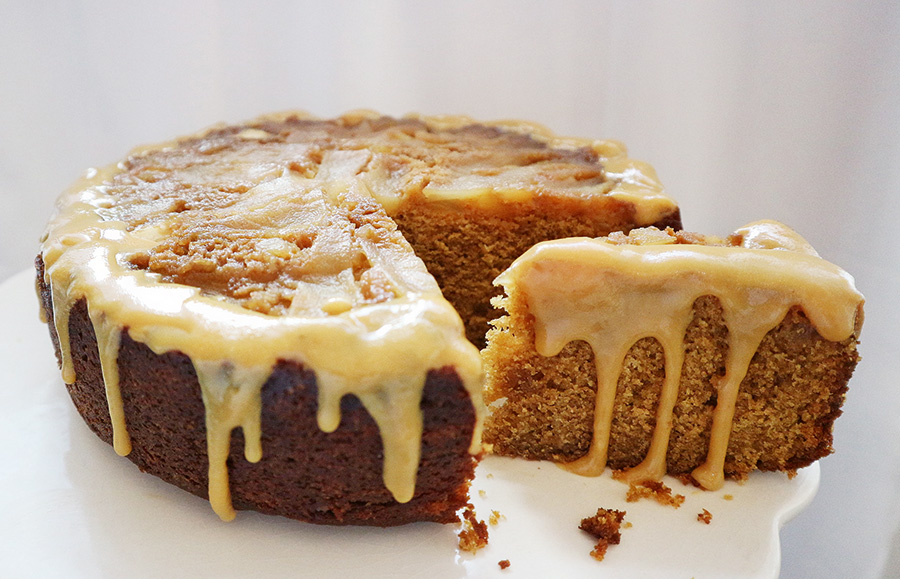 Pear and ginger cake with a salted caramel drip