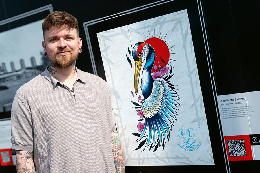 Artist Ben Twentyman from Heywood with  his artwork titled ‘A Delicate Balance’