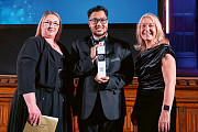 Young Employee of the Year Hateeb Jamil (centre), with Emma Lowe-Hewitt from sponsor Rochdale Training (left) and interim chief executive of  Rochdale Council Julie Murphy (right)